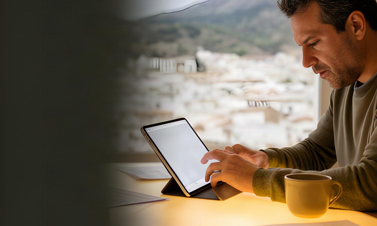 Persona desempleada revisando ofertas de empleo en una tablet desde una mesa luminosa en Ronda