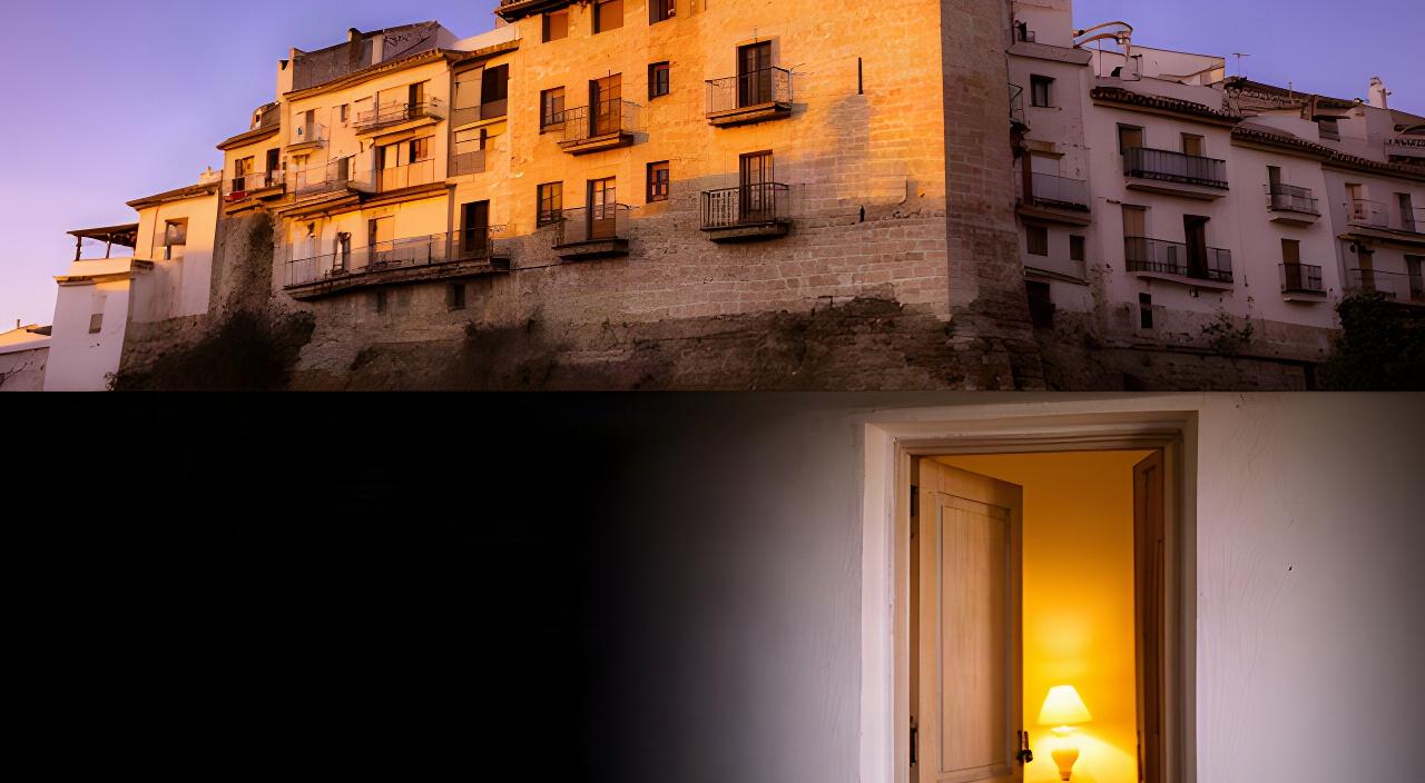Edificio residencial de Ronda al atardecer con una puerta de vivienda abierta y luz cálida en el interior