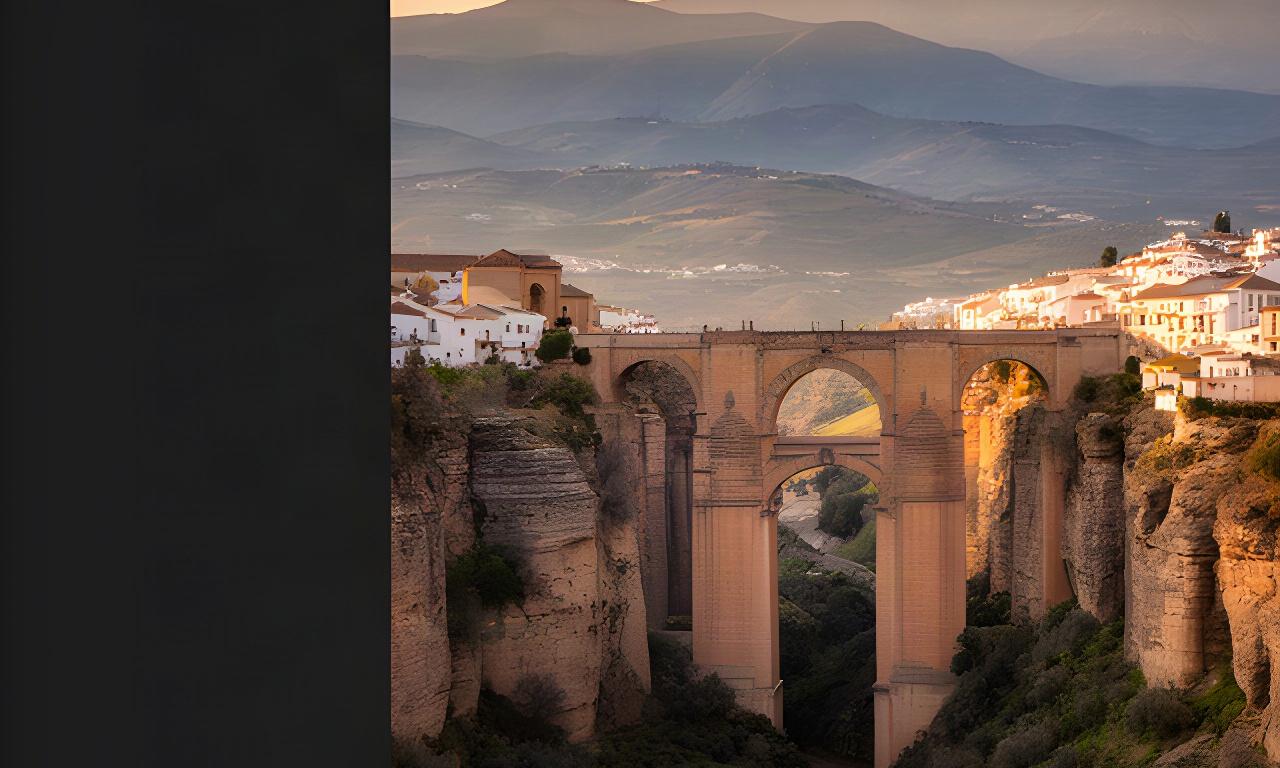 Vista de Ronda al atardecer con el puente Nuevo y las montañas de Málaga al fondo