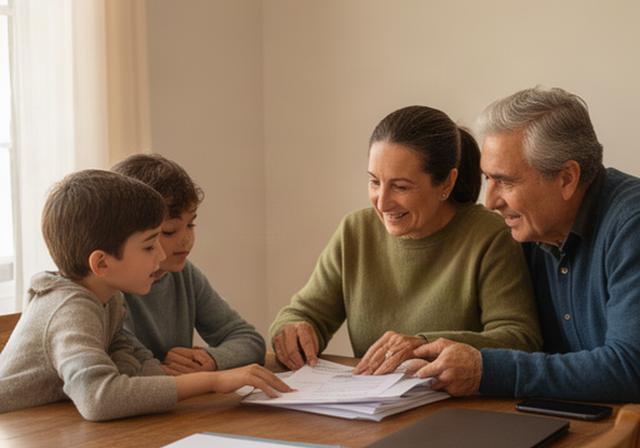 Familia revisando documentos en la mesa de su hogar en Ronda