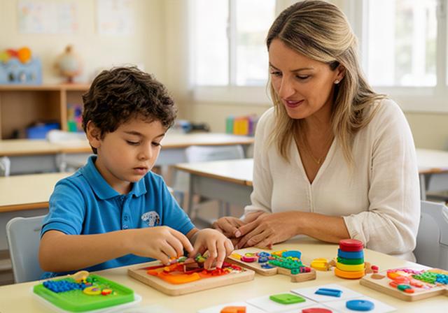 Menor trabajando con material adaptado junto a una orientadora en un aula luminosa de Ronda