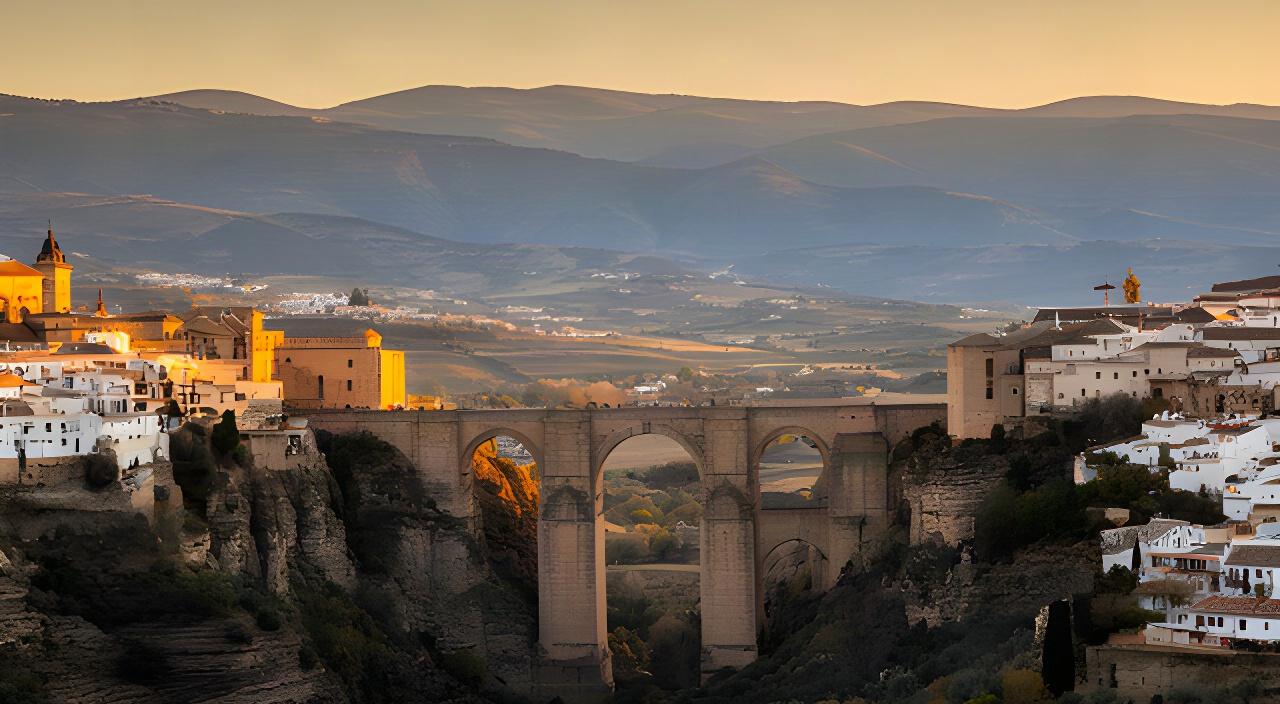 Vista panorámica de Ronda al atardecer con el puente y las montañas de la comarca